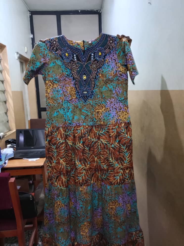 Adire long gown with gathers and V-neck Emb